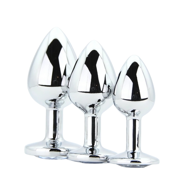 Toosh Metal Butt Plug Silver Set of 3 Clear Stone