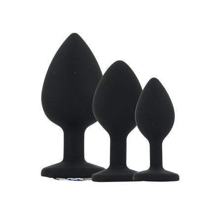 Toosh Silicone Butt Plug Black Set of 3 Clear Stone