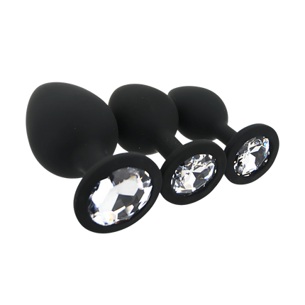 Toosh Silicone Butt Plug Black Set of 3 Clear Stone